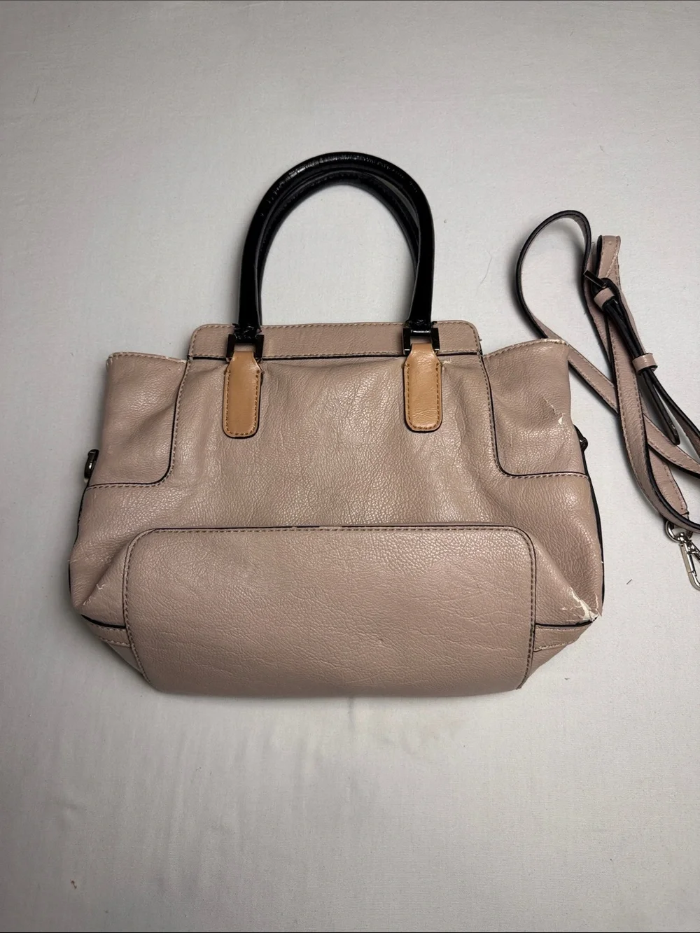 Women's Guess vintage Blush Beige Satchel with Black Handles and Chain Trim